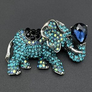 Silver with Blue Sapphire Black Onyx and AB Crystal Elephant Pin Back Brooch